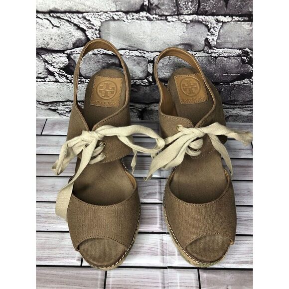 Tory Burch Taupe Canvas Textile Green Tan Espadrilles Wedge Women Sz 10M US/41EU - Picture 15 of 15